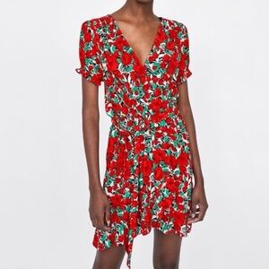 Zara Red Poppy Floral Wrap Dress with ruffled hem